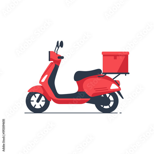 Red scooter with delivery box on back drives down urban road with cityscape
