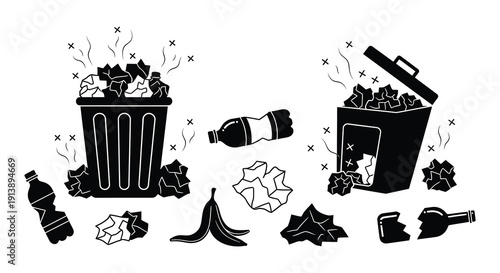 Overflowing trash can with scattered waste and discarded items