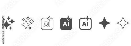 Generative AI Logo Icon Set with Sparkle Stars and Square Buttons, Concept of Artificial Intelligence and Machine Learning Technology Tools for App and Web Interface