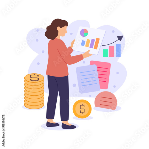 Graphs on Tablet, viewing financial analytics on device, Flat vector character illustration