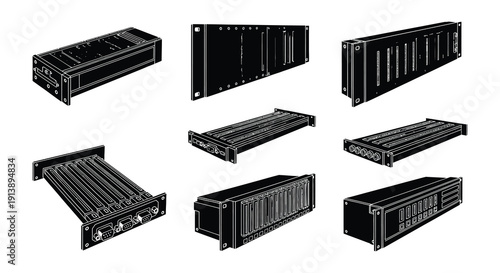 Black silhouette illustrations of various electronic components and circuit boards