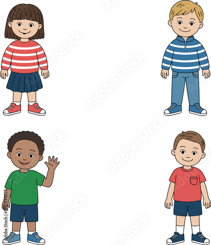 Cute diverse children characters flat vector illustration set, smiling boys and girl isolated on white background for kids design