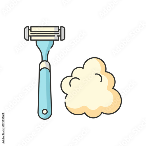 A blue razor and a beige shaving cream bubble sit together on a white background.