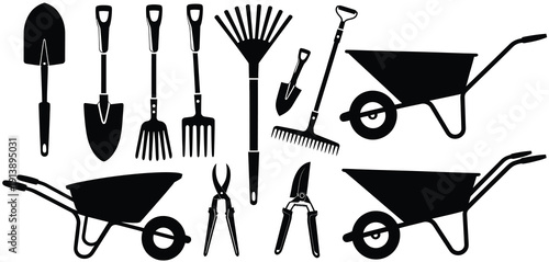 Collection of Black Silhouette Garden Tools and Wheelbarrows, featuring shovels, rakes, hoes, watering cans, carts, and landscaping equipment icons, minimal vector symbols for gardening, farming, 