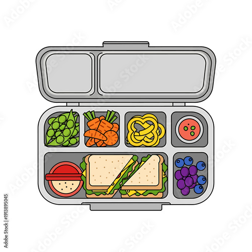 A lunchbox contains various food items including sandwiches, fruits, and vegetables neatly arranged inside.
