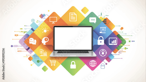 Laptop computer with colorful icons and symbols around it on white background