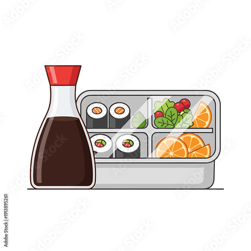 A digitally illustrated lunch box with sushi, oranges, and salad next to a soy sauce bottle on a white background.