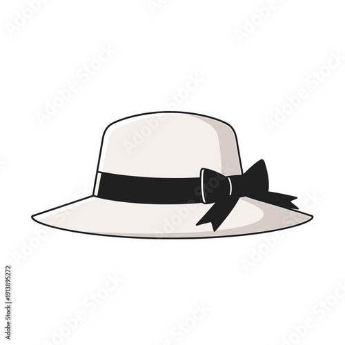 Elegant white hat with black ribbon and bow illustration on white background, front view, fashion accessory.