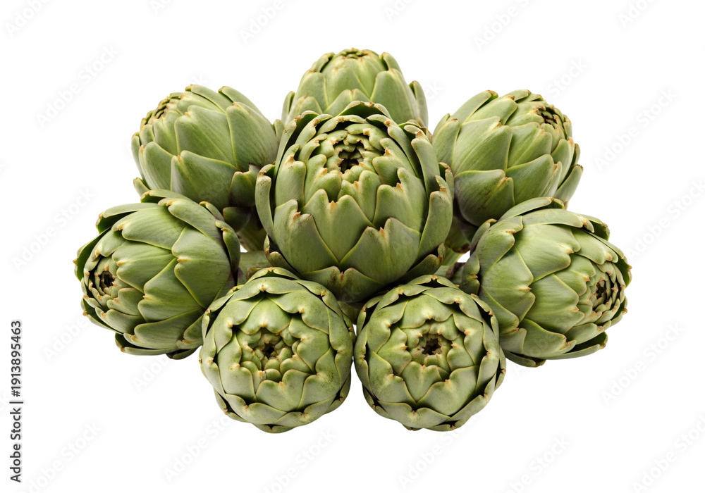 Fototapeta premium A cluster of fresh artichokes arranged together on a white background. isolated on transparent background