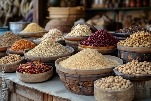 Variety Grains and Legumes Displayed in Bowls on Wooden Table in Market