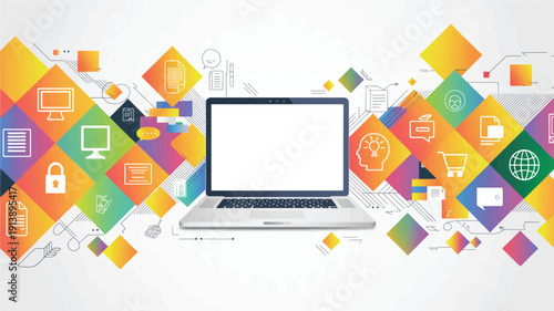 Laptop computer with colorful icons and symbols on a white background for technology concepts