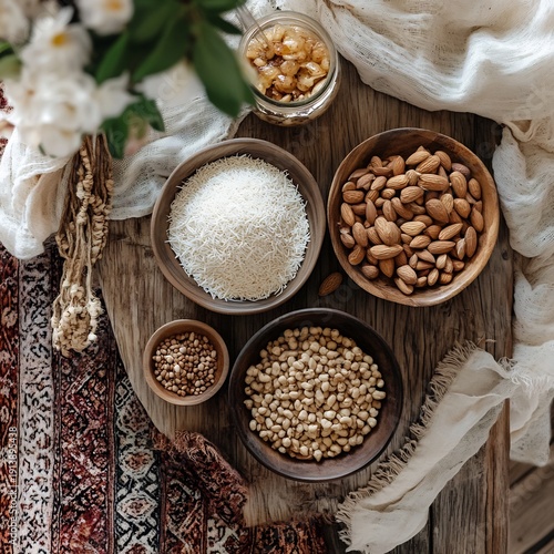 Variety of Nuts and Grains in Bowls on Wooden Table