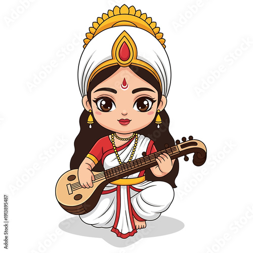 A cartoon illustration of a woman playing a traditional Indian stringed musical instrument.