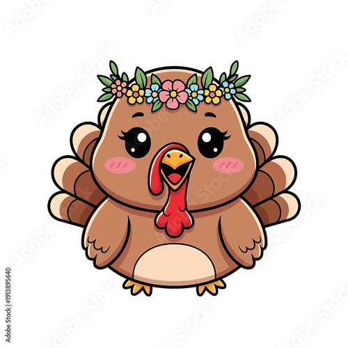 A cheerful cartoon turkey wearing a floral crown smiles at the viewer with its wings spread.
