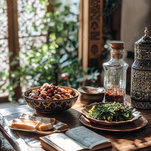 Traditional Middle Eastern Food on Wooden Table by Window