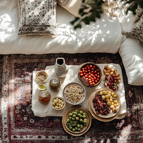 Variety of olives and nuts on a table with bowls