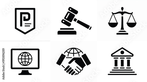 law and justice and business icons including gavel and scales