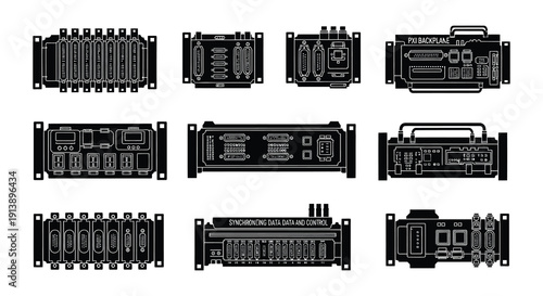Black silhouette illustrations of various electronic components and circuit boards