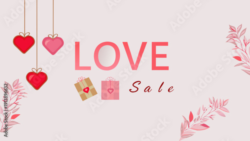Flat vector design of a love themed seasonal sale with hanging hearts and gift bags on a pink background for valentine's day promotions and discounts