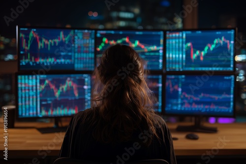 Rear view of a female stock trader analyzing multiple graphs on six dark monitors in a modern office at night, concept for fintech technology, investment strategies and global market analysis