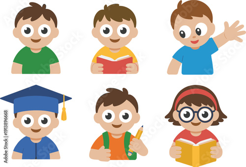 Cute cartoon children character set, smiling school kids reading books, waving and studying, colorful flat vector illustration isolated on white background