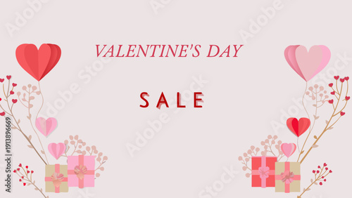 Flat vector illustration of valentine's day sale with heart balloons and gifts on pink background for romantic shopping promotions and discounts