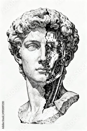 Vector illustration of the head of a stone antique statue, with one part of the face being human and the other part being cybernetic.