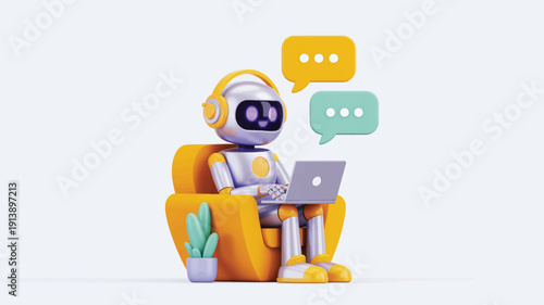 Robot sitting on yellow chair with laptop and headphones on white background