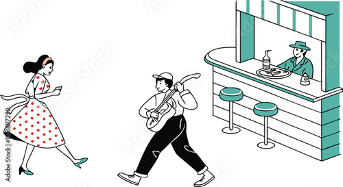 A charming vintage couple rushes to a diner counter, capturing a joyful moment of excitement and anticipation, perfect for adding a nostalgic touch to your project