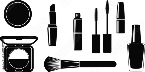 Collection of Black Silhouette Makeup Products on White Background, featuring lipstick, mascara, eyeshadow, brush, compact powder, cosmetic bottles, beauty tools, minimalist vector icons for fashion, 