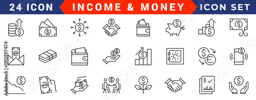 Income line icon set. Profit, earning, money, tax, salary, wage, pay, accounting - stock vector.
