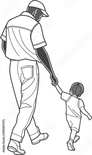 A tender moment of a father walking hand in hand with his little child