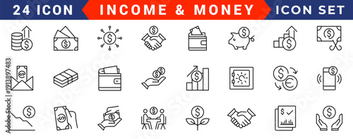 Income line icon set. Profit, earning, money, tax, salary, wage, pay, accounting - stock vector.