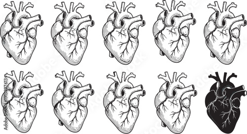 Anatomical human heart illustrations in a repeating pattern, with one distinct silhouette standing out from the group