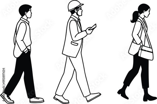 Urban professionals walking in a line with a sense of purpose and modern style