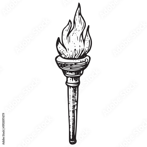Vintage Torch Illustration, Historical Flame Symbol, Black and White Engraving