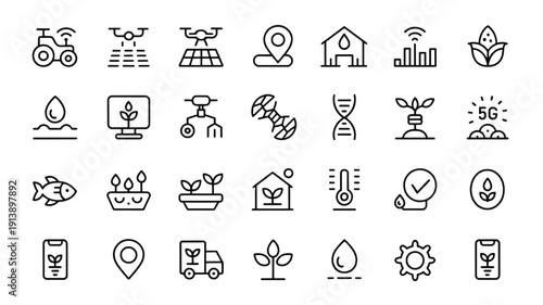 Set of modern line style icons for sustainable agriculture and technology  eco friendly farming and smart farming concepts