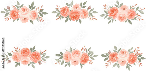 Six peach colored floral arrangements with green leaves on white background
