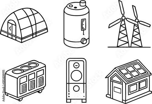 Set of line art icons representing sustainable energy solutions and eco-friendly home appliances for modern living