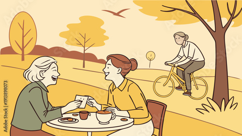 Warm and inviting scene of two women catching up over coffee in a beautiful park setting