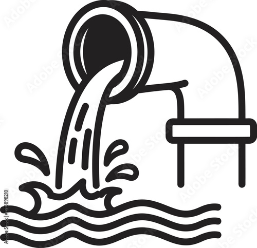 Graphic depiction of a pipe pouring liquid into water, symbolizing wastewater, drainage, or environmental discharge