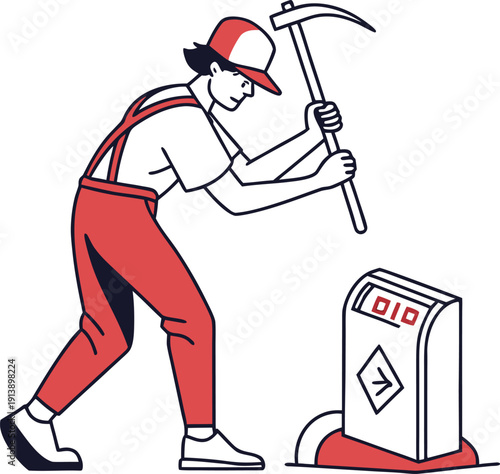 Illustration of a miner digging with a pickaxe near an oil container, symbolizing energy extraction and industrial work