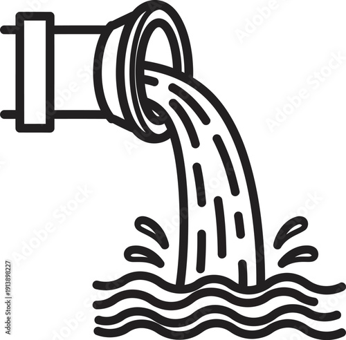Industrial water discharge into a body of water depicted in a line art illustration