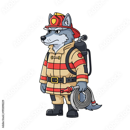 Illustrated Wolf Firefighter Character Standing Ready, Holding Hose and Wearing Equipment