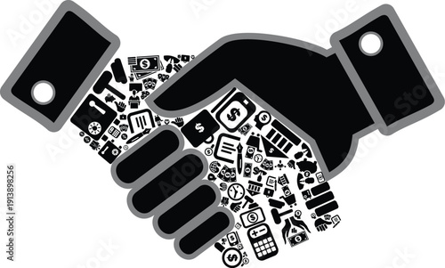 Business Handshake Mosaic Illustration – Creative Black and White Graphic Composed of Financial and Corporate Symbols Representing Partnership and Growth