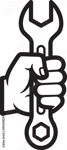 Simple Line Art Icon Depicting a Human Hand Firmly Gripping an Adjustable Wrench, Symbolizing Repair, Maintenance, or Mechanical Work