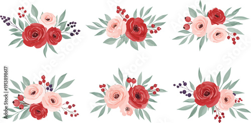 Six watercolor floral bouquet arrangements with red and pink flowers and greenery on white background