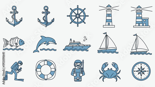Nautical theme icons: anchors, lighthouses, sailboats, diver, and more.