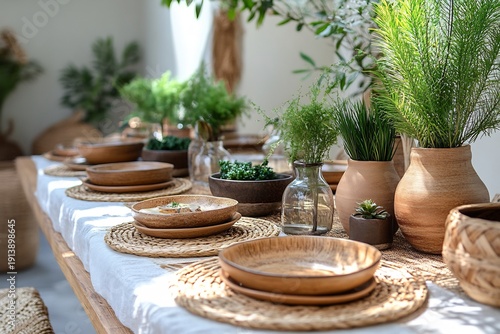 Earthy Table Setting with Potted Plants and Terracotta Dishes on White Tablecloth