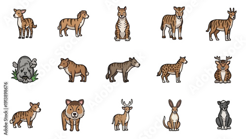 Collection of diverse prehistoric mammals in a flat illustration style.